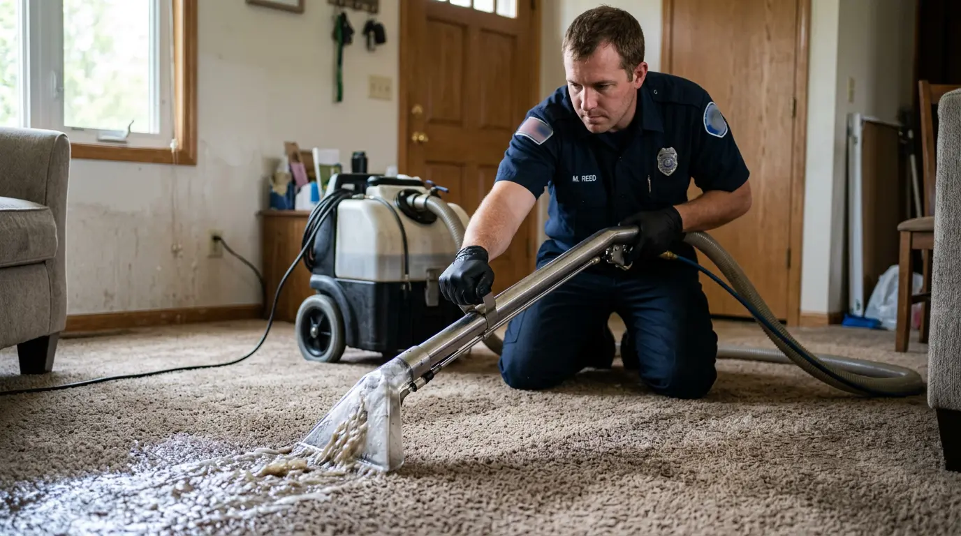 Gold Tech Restoration technician extracting water from a flooded home in Holbrook